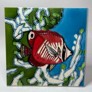 Large Ceramic Reef Fish in Coral Textured Art Tile with Attached Stand 8”x8”